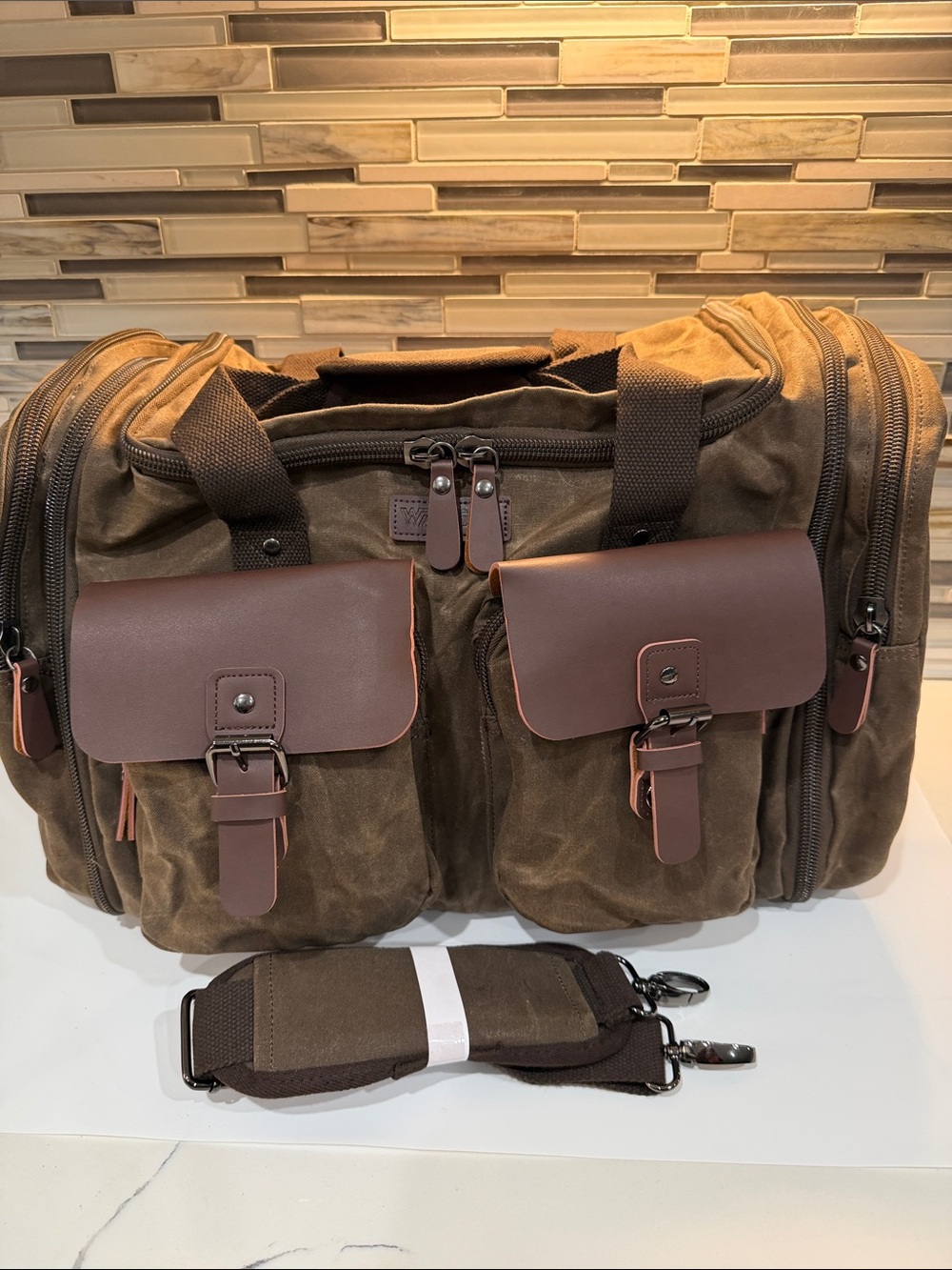 Wildroad Waxed Canvas Travel Duffel Bag with Brown Leather Accents